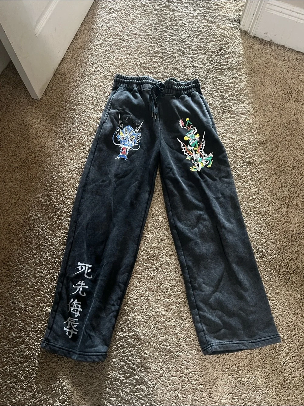 True Religion Black Dragon Graphic Sweatpants with Embroidered Details